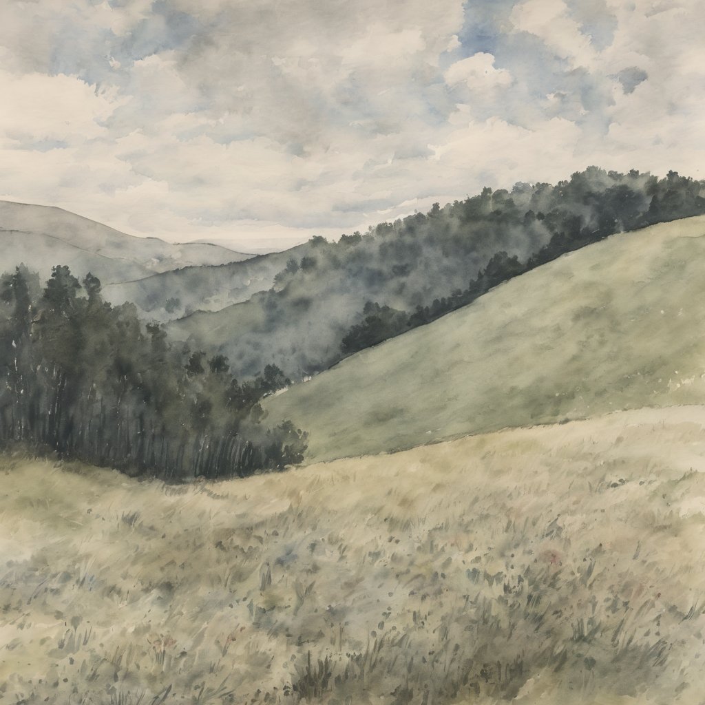 A watercolour of a grassy ridge under a grey sky, wooded hills behind.
